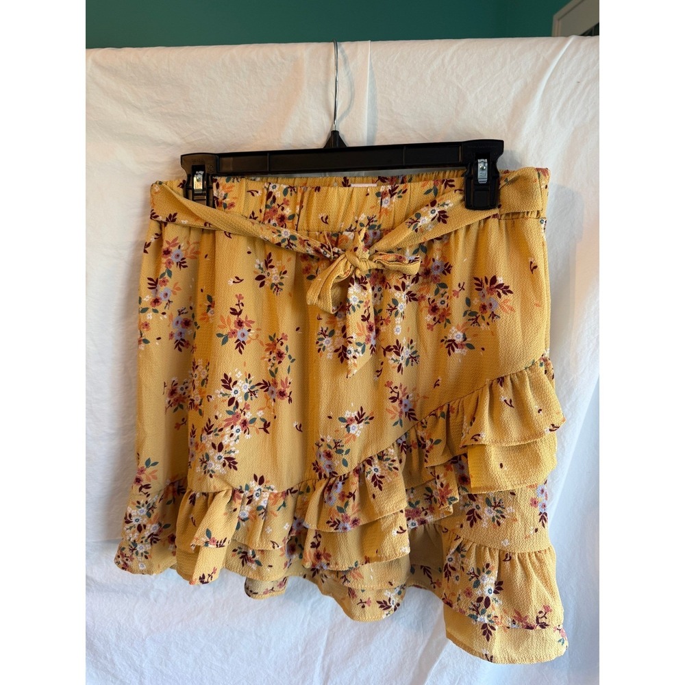 Knitworks Mustard Yellow Floral Ruffle‎ Skort XL Plus Elastic Waist Tie Front